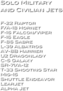 Solo Military and Civilian Jets

F-22 Raptor
F/A-18 Hornet
F-16 Falcon/Viper
F-15 Eagle
F-86 Sabre
L-39 Albatros
AV-8B Harrier
U2 Dragonlady
C-5 Galaxy
SR-71/A-12
T-33 Shooting Star
Mig-15
Shuttle Endeavor
Learjet
Alpha Jet